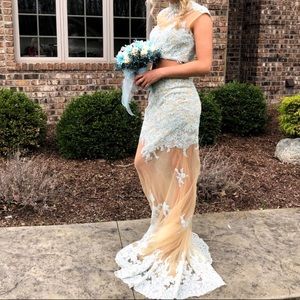 Two piece blue and nude prom dress
